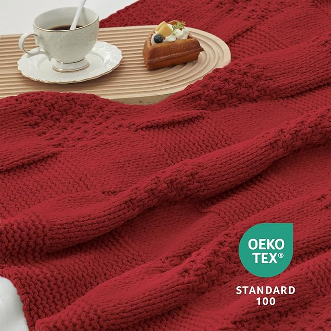 Amélie Home Checkered Chenille Knit Throw Blanket for Couch, Classic Texture Decorative Soft Blanket for Sofa, Chair & Bedroom, 50"x60", Christmas Red