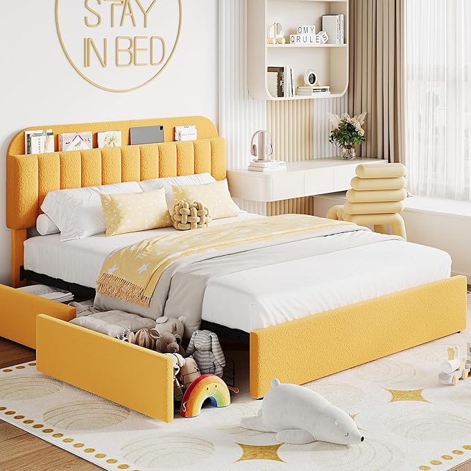Jojoka Full Bed Frame with Storage Headboard and 2 Drawers, Boucle Upholstered Platform Bed, Modern Kids Full Bed Frames for Small Rooms, No Box Spring Needed, Easy Assembly, Yellow