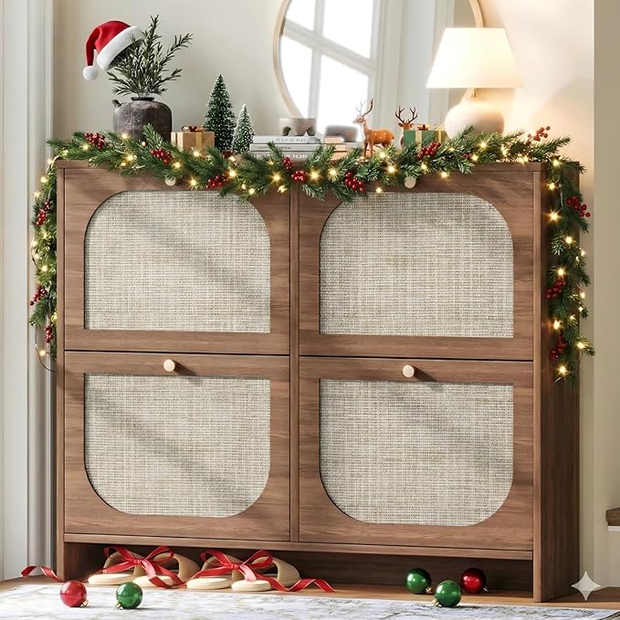 Nicetree Freestanding Ultra Slim Arched Rattan Accent Shoe Storage Cabinet for Entryway - 4 Flip Drawers & 3-Tier Adjustable Shelves, Farmhouse Modern Rustic Shoe Rack for Hallway, Foyer