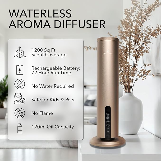 Breeze Diffuser for Home, Office & Spa, Scent Diffuser with Timing Controls, Wireless, Bluetooth Enabled, Safe for Pets & Kids, 1200 Sq Ft Coverage, No Residue, Gold (Oil Sold Separately