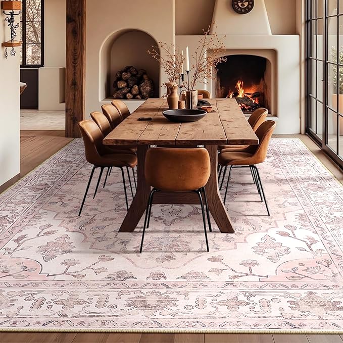 Area Rugs 10'x14' Washable Non-Slip, Floral Vintage Distress Print Pattern Medallion Carpet for Living Room Bedroom Dining Room, Pink Greypink Cute
