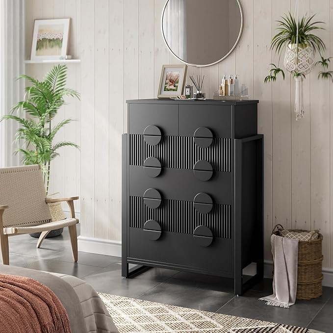 LGHM Fluted Dresser for Bedroom with 6 Drawers, Modern 6 Drawers Dressers with Semicylinder Fluted, Solid Chest of Drawers, 44.5" Tall Dresser with Stable Steel Frame, Metal Handles, Black