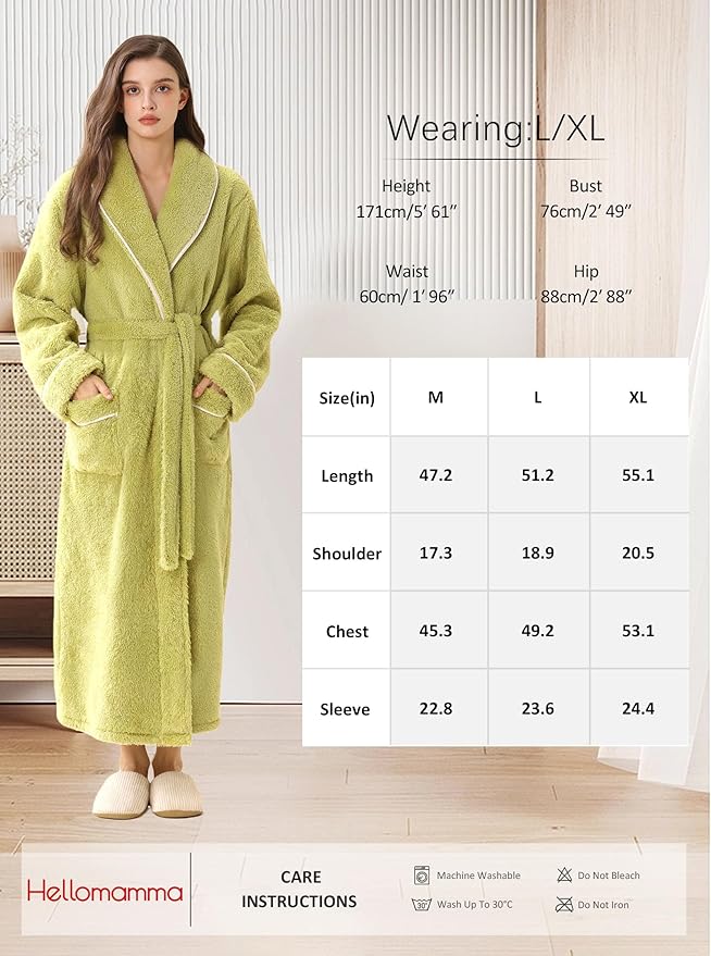 Hellomamma Long Bath Robe for Womens Plush Soft Fleece Bathrobes Nightgown Ladies Pajamas Sleepwear Housecoat