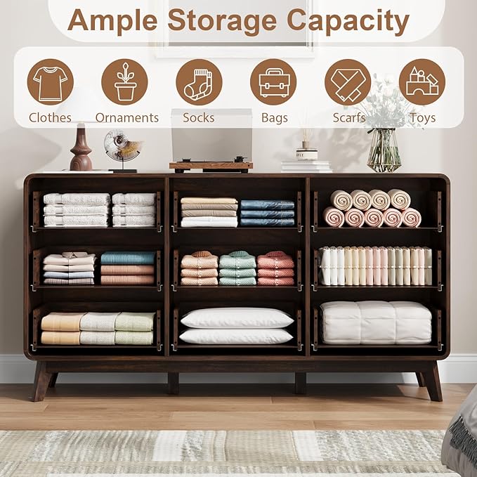 QUW Fluted 59.1" Wide Modern Dresser for Bedroom with 9 Drawers, Tall Chest of Drawers with Metal Handle, Wooden Dresser TV Stand, Hallway, Living Room, Dark Walnut