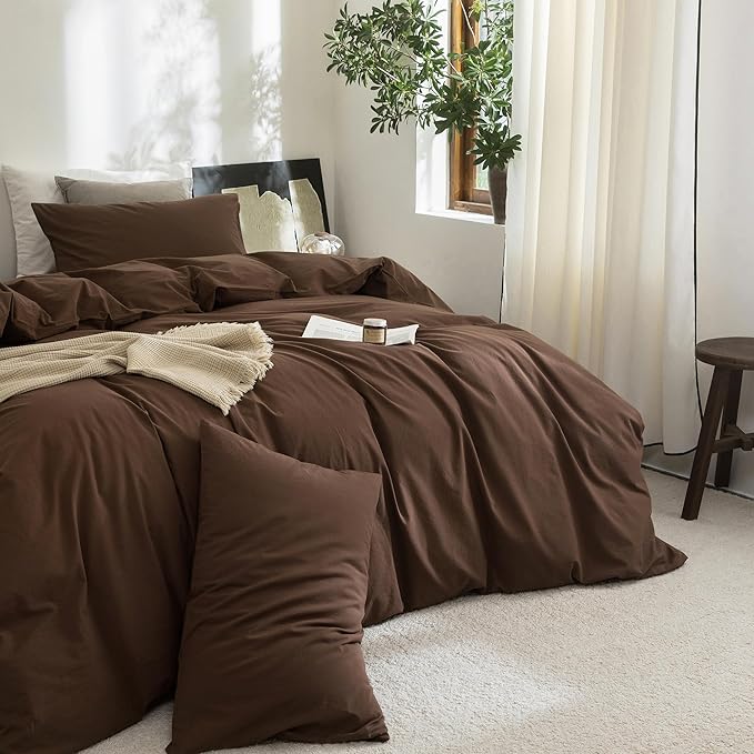 FOSSA Duvet Cover Set 100% Washed Cotton Linen Feel Super Soft Breathable Cozy 3 Pieces Bedding Sets Solid Cocoa Brown Super King