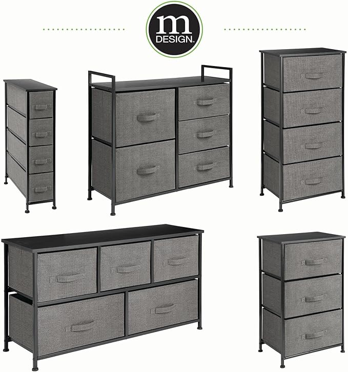 mDesign Narrow Dresser Storage Tower Stand with 4 Removable Fabric Drawers - Steel Frame, Wood Top Organizer for Bedroom, Entryway, Closet - Lido Collection - Charcoal Gray