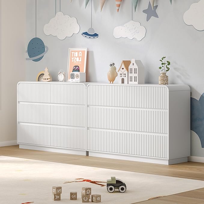Dresser for Bedroom with 6 Drawers, Fluted Chest of Drawers with Round Curved Corner, Hidden Handles, Modern Wood Storage Organizer for Bedroom, Nursery, Living Room