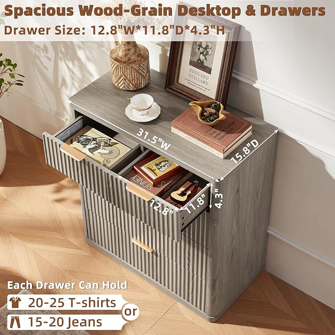 LEYAOYAO Fluted 5 Drawers Dresser for Bedroom, 34" Tall Modern Chest of Drawers with Metal Handle, Curved Profile Design,Grey Wood Drawer Organizer for Bedroom, Living Room, Hallway, Entryway