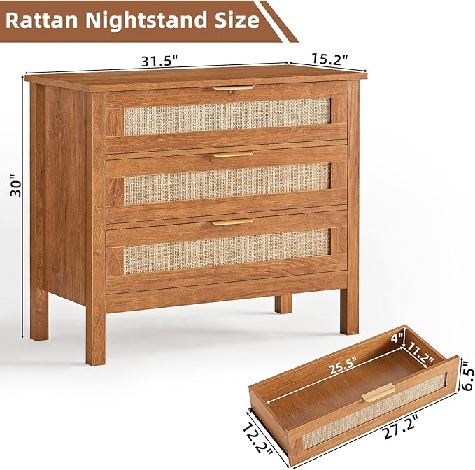 LEYAOYAO 31.5" Wide Rattan Night Stand, Large Boho Nightstand, Bedside Table with Storage, Tall Bed Side End Tables, Chest of Drawers for Bedroom, Living Room, Hallway（Brown,3 Drawers,2）