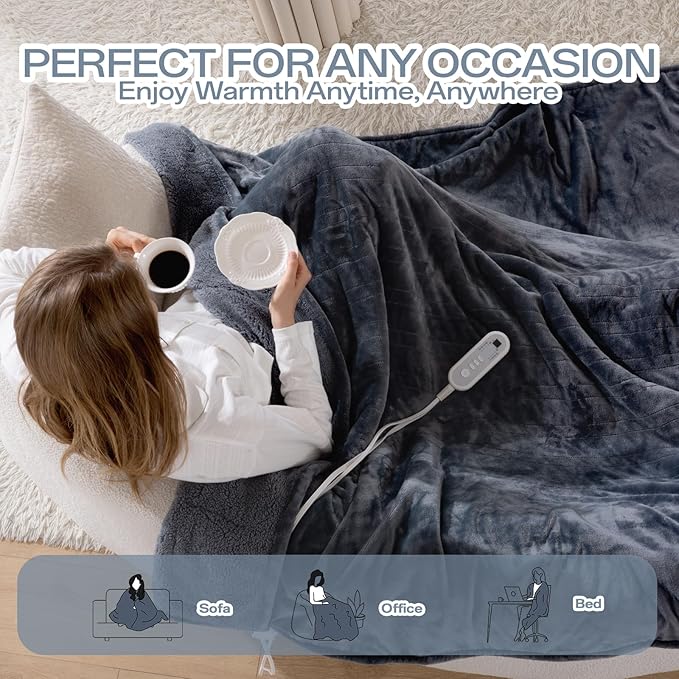 Full Size Electric Blanket Heated, Double-Sided Flannel＆Sherpa Heated Blanket with 8 Heat Levels & 10 Hours Auto Off, Fast Heating Blankets Machine Washable with ETL & FCC Certified,Light Grey