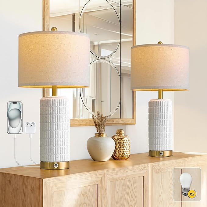 PoKat Stone-Like Ceramic Table Lamps with USB Ports for Bedroom, 25'' Matte-White Dimmable Nightstand Touch Lamps for Night Stands with Gold Base, Farmhouse Lamps for Living Room End Side Table