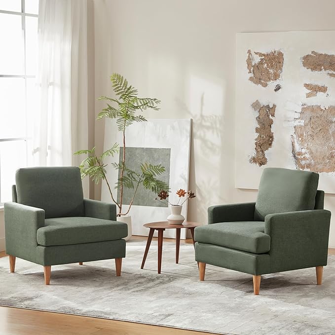 VKNOW Mid-Century Accent Chairs Set of 2, No Tools Assembly Required, Modern Upholstered Polyester Armchairs for Living Room & Bedroom, Comfortable Reading Chairs with Wood Legs, Green