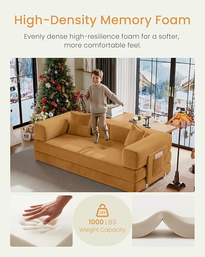 78.8" Convertible Futon Sofa Bed,Corduroy Futon Couch with Storage Pocket,Folding Pull Out Sofa,No Assembly Boneless Couch for Living Room,Yellow