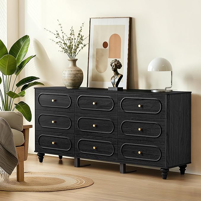 9 Drawer Fluted Dresser for Bedroom, Mid Century Modern Chest of Drawers, Wood Storage Small Dresser Organizer for Bedroom Living Room Hallway Closet, Black