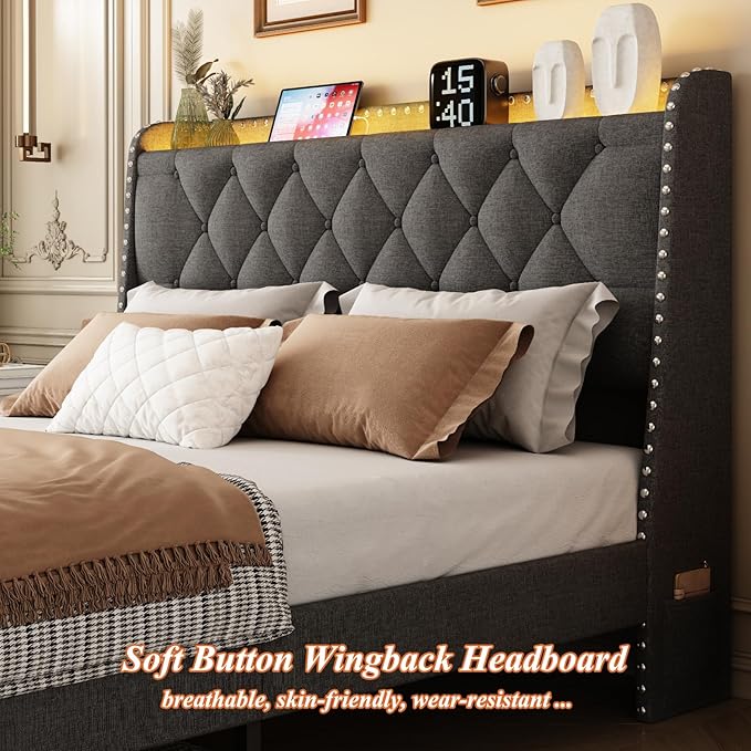 Full Size Bed Frames with Storage Headboard and 2 Drawers, Upholstered Button Linen Platform Bed Frame Full with Led Lights and Charging Station, No Box Spring Needed, Easy Assembly, Noise Free, Gray