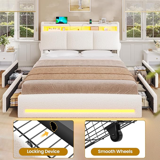 VIAGDO Full Size Bed Frame with Storage Headboard and Charging Station, Boucle Upholstered Bed Frame Full Size with 4 Drawers and LED Lights, Type C and USB, No Box Spring Needed, Cream White
