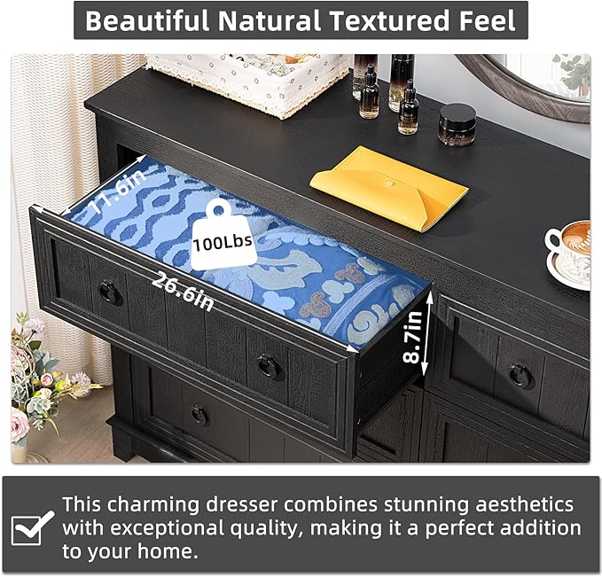 Bedroom Dresser and Nightstand Sets 4 Piece, Farmhouse 6 Drawers Dresser & 40.5" Tall Chest of Drawers, 18" Nightstands Set of 2, 54" Wide Furniture Dressers for Bedroom, Living Room, Black