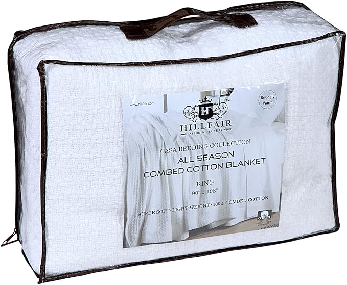 HILLFAIR 100% Combed Cotton Blanket– Queen Bed Blanket– Soft Cozy Warm Multipurpose Throws for Luxury Home Decor– 90 x 90 inch Queen Size Cotton Blankets for Beds- Bed Blankets for All Season- White