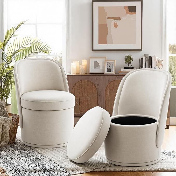 Swivel Accent Chair, 360° Swivel Chair with Hidden Storage, Vanity Chairs, Modern Small Barrel Swivel Armchair for Living Room/Bedroom, Beige