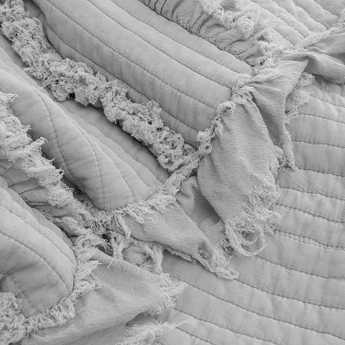 HORIMOTE HOME Stone Washed Quilted Throw Blanket with Ruffle Fringe Design - Soft & Chic Rustic Decorative Blanket for Couch, Bed, Chair - Pre-Washed Grey Boho Style - 50"x60"