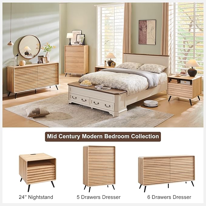 RedLemon 5 Drawers Dresser for Bedroom, 48'' Tall Mid Century Modern Wood Fluted Dresser, Chest of Drawers with Tapered Leg for Bedroom, Living Room, Hallway, Closet,Natural Oak
