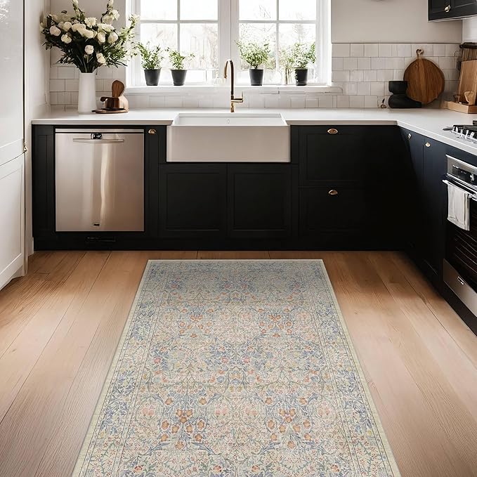 Beige Blue Washable Rugs for Living Room - 4x8 Vintage Boho Eclectic Pastel, Washable Low Pile Non Slip Area Rug for Bedroom Beside Bed, Door Mat Indoor Entrance, Kitchen, Home Floor Decor