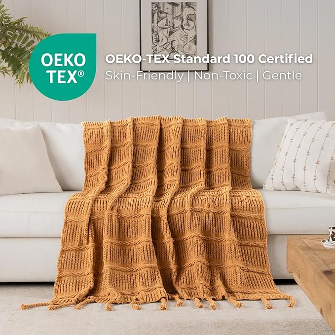 Boho Knitted Chenille Blanket with Tassels - Lightweight & Soft All-Season Throw - 3D Classic Pattern for Living Room Bedroom Couch, Amber Brown, King 90"x108"