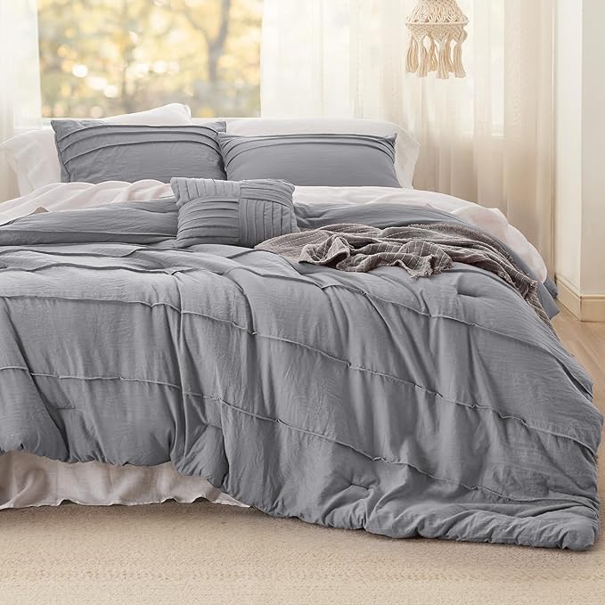 Bedsure King Comforter Set - 4 Pieces Pinch Pleat Bed Set, Grey Boho Bedding for All Season, 1 Soft Comforter, 2 Pillowcases, 1 Decorative Pillow