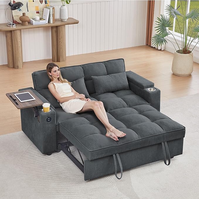 65'' Convertible Sleeper Sofa Bed with Adjustable Backrest, Chaise Lounge, Side Table & USB/Type-C Ports – Stylish & Functional Addition to Any Living Room (Fashion Pink)