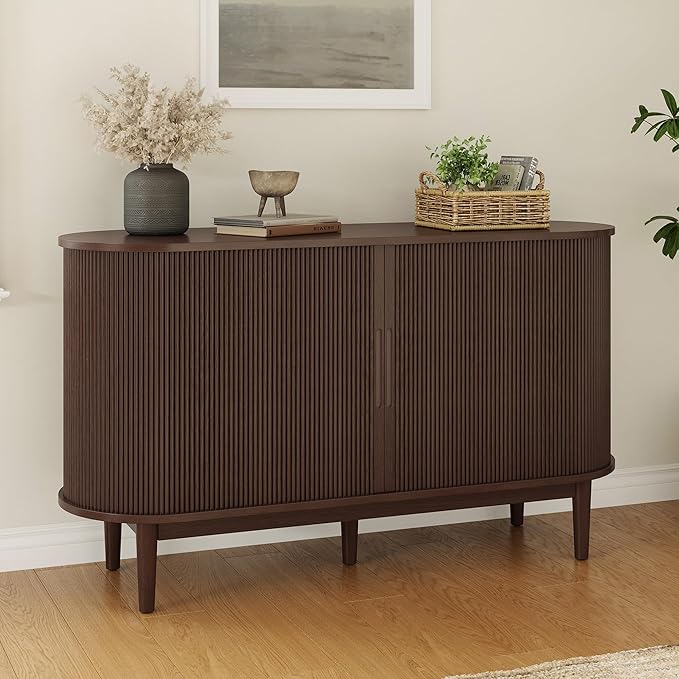 LINSY HOME Sideboard Buffet Cabinet with Storage, 55" Fluted Coffee Bar Cabinet with Tambour Sliding Doors and Drawer, Mid Century Modern Wood Storage Buffet Table for Kitchen, Vintage Walnut