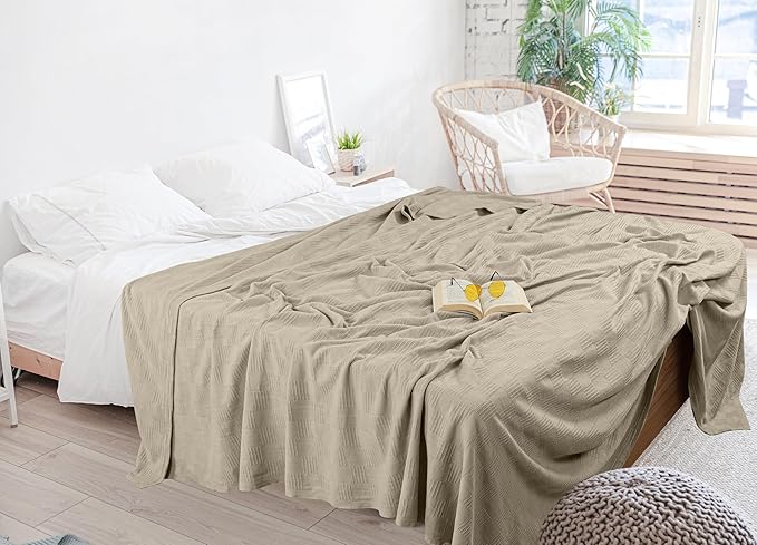 Utopia Bedding Khaki 100% Cotton Blanket [King Size - 90x108 Inch] 350GSM Lightweight, Soft and Breathable Thermal Blanket for All Seasons