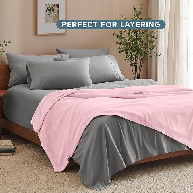Bare Home Fleece Blanket - Throw/Travel - Ultra-Soft Lightweight for Bed, Sofa, and Couch - Luxury Microplush - Cozy Warm Blanket (Throw/Travel, Light Pink)