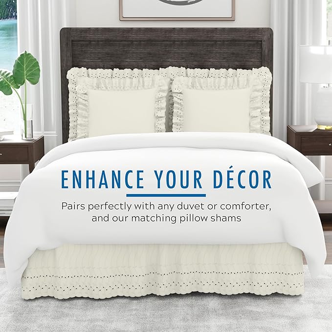 Fresh Ideas Eyelet Bed Skirt, Ruffled Design, 14 Inch Drop, Embroidered Scalloped Edge, Queen, Ivory