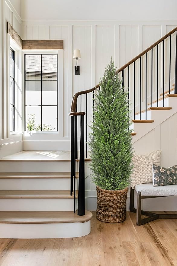 Briful 2PCS 5ft Artificial Cedar Topiary Trees in White Planter – Tall Faux Evergreen Potted Plants, Indoor Outdoor Fake Cypress Shrubs, Lifelike Fake Trees for Home, Office, Patio, Porch, Entryway