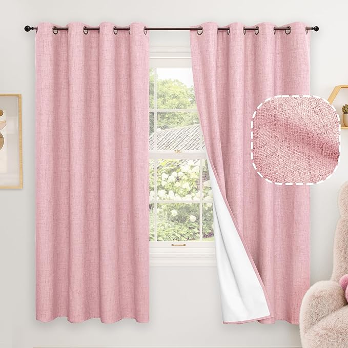 Baby Pink Linen Blackout Curtains for Nursery 63 Inch Length 2 Panels Set, Thermal Insulated Boho Total Black Out Noise Reducing Bonzer Grommets Window Curtains for Girls Bedroom, Each 52 Inch Wide