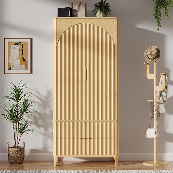 70.1" Arched Wooden Armoire Wardrobe Closet with 2 Doors and 2 Drawers,Fluted Bedroom Armoire with Hanging Rod Shelf,Wardrobe Armoire Closet Cabinet for Bedroom (Natural, 19.7)