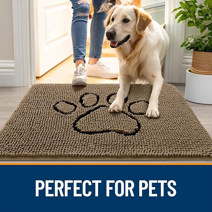 OLANLY Dog Door Mat for Muddy Paws 40x32, Paw Print Design, Absorbs Moisture and Dirt, Absorbent Non-Slip Washable Doormat, Quick Dry Chenille Mud Mat for Dogs, Entry Indoor Entryway Carpet, Tan