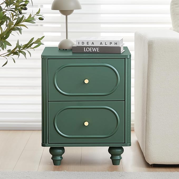 2 Drawer Fluted Mini Small Dresser for Bedroom Set of 2, Mid Century Modern Nightstand Bedside End Table, Wood Storage Dresser Organizer for Bedroom, Green