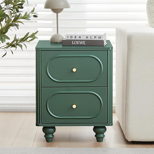 2 Drawer Fluted Mini Small Dresser for Bedroom Set of 2, Mid Century Modern Nightstand Bedside End Table, Wood Storage Dresser Organizer for Bedroom, Green