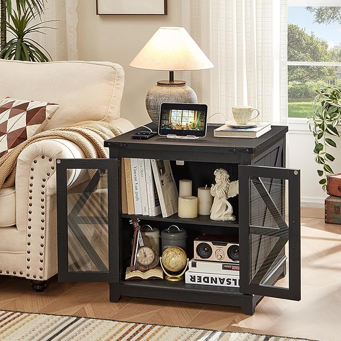 Farmhouse End Table Set 2, Narrow 18'' Night Stand with Glass Barn Door, 24" Square Side Table with Charger Station, Living Room Furniture Sets, Wood Nightstand Bedside Tables for Bedroom