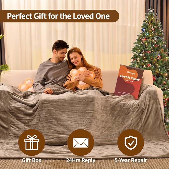 Bearhug Electric Blanket Queen Size 84" x 90", Dual Controllers Heated Blanket, Velvet & Sherpa, 10-Heating Level & 1-12H Auto Off, Taupe, Over-Heat Protect, ETL, Machine Washable