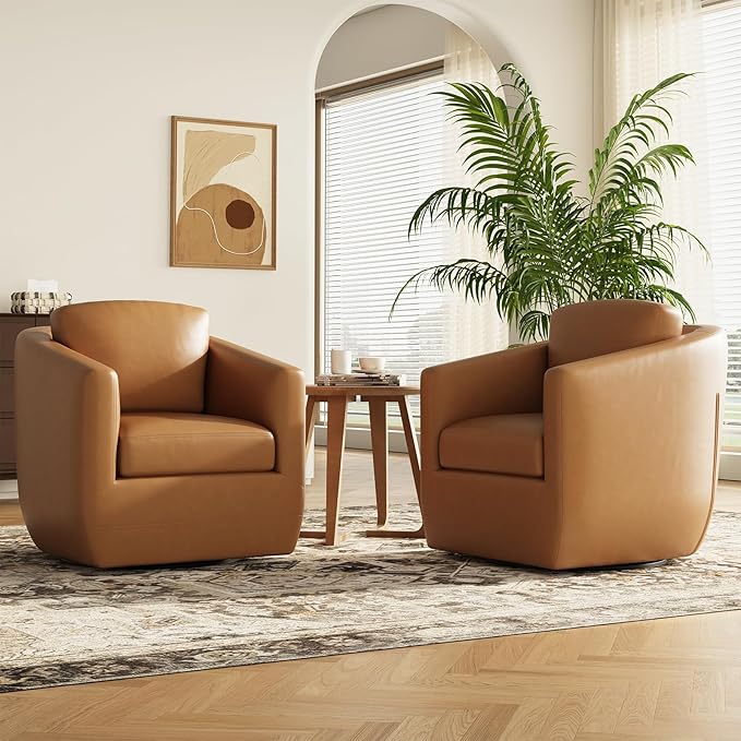 360° Swivel Accent Chair Set of 2 with Pillow - Comfy Living Room Armchair No-Sag Foam & Sturdy Metal Base, Fully Assembled Swivel Accent Single Sofa for Bedroom Living Room, Office, Brown