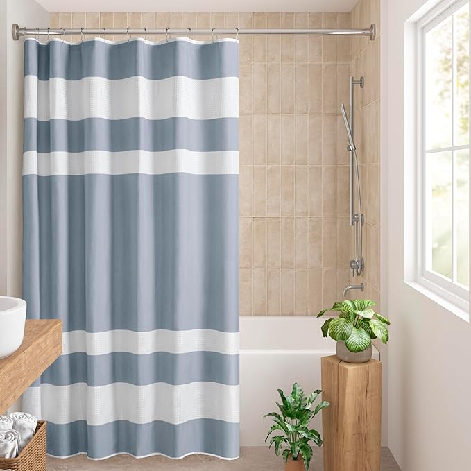 Madison Park Shower Curtain Spa Waffle Weave Long Shower Curtain for Bathroom 3M Scotchgard Moisture Management, Spa Quality Modern Shower Curtains for Bathroom, Long 72x78 Blue