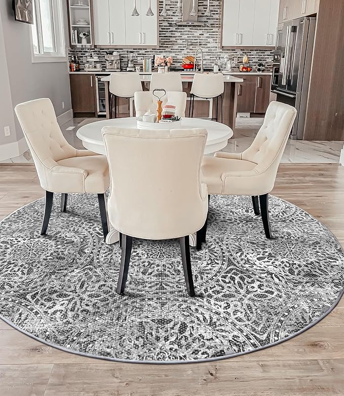 vivorug Round Rug 6ft Vintage-Inspired Round Area Rug Non-Slip Indoor Carpet for Living Room Bedroom Entryway, Stain Resistant Home Decor Circle Rug, Grey Medallion