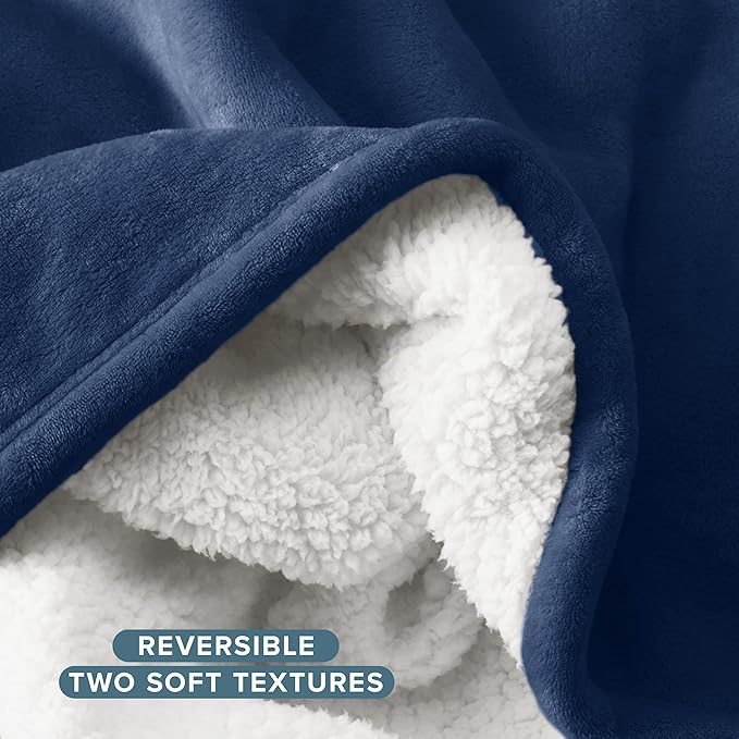 Bare Home Sherpa Fleece Blanket - Throw/Travel Size - Blanket for Bed, Sofa, and Couch - Warm & Lightweight - Fluffy & Soft - Reversible (Throw/Travel, Dark Blue)