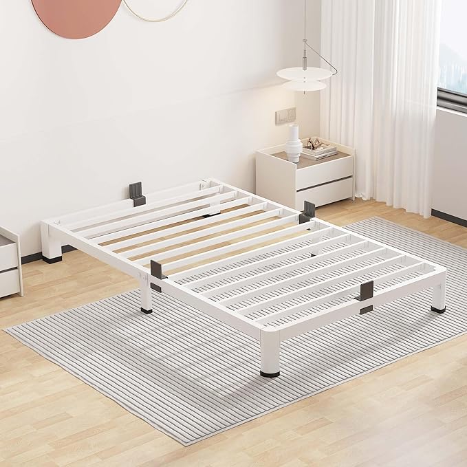 ROIL 4 Inch White Twin Bed Frame with Rounded Corner and Mattress Retainers, 3500LBS Heavy Duty Steel Slats No Box Spring Needed Platform Noise-Free Easy Assembly