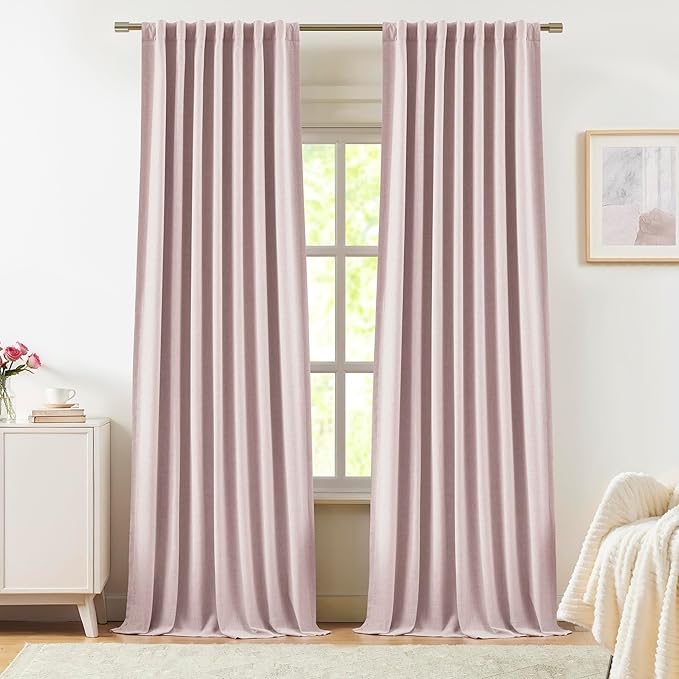 Vision Home Soft Pink Linen Full Blackout Curtains 120 inch for Bedroom Living Room Darkening Soundproof Window Panels Thermal Insulated Rod Pocket Back Tab Neutral Drapes 10FT 56" Wx120 Lx2