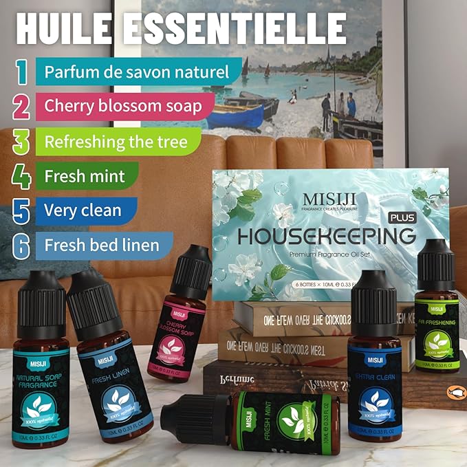 Housekeeping Essential Oils Set for Diffuser,Pure Aromatherapy Oil for Diffuser,Candle Making,Natural Soap Scent,Cherry Blossom Soap,Fresh Mint,Fresh Linen,Air Freshener,Extra Clean