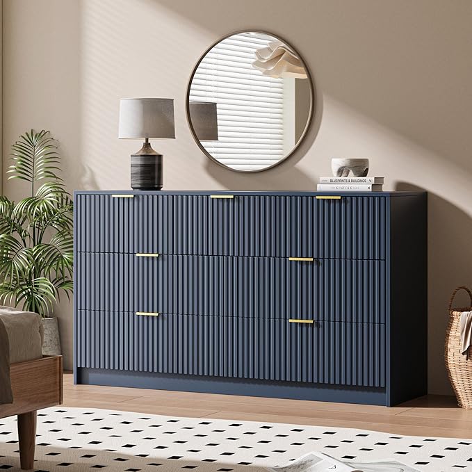 Navy 7 Drawer Dresser for Bedroom, 55.9" Wide Modern Fluted Dresser with Gold Metal Handles, Wide Chest of Drawers for Bedroom, Living Room, Entryway, Hallway