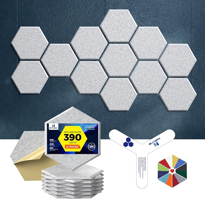 Self-Adhesive Acoustic Panels [390 lbs/yd³ Ultra-High Density], 2nd Generation Sound Absorbing Panel, Professional Level Sound Panel, Polyester Soundproof Foam [Size L, Silver Grey]